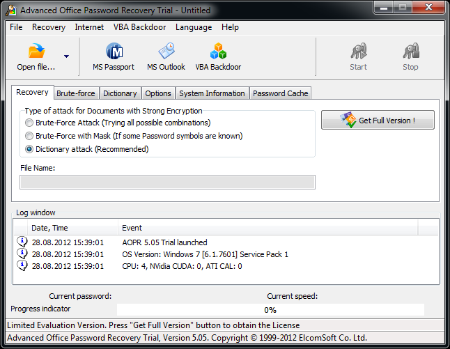 Advanced Office Password Recovery setting up attack pipeline